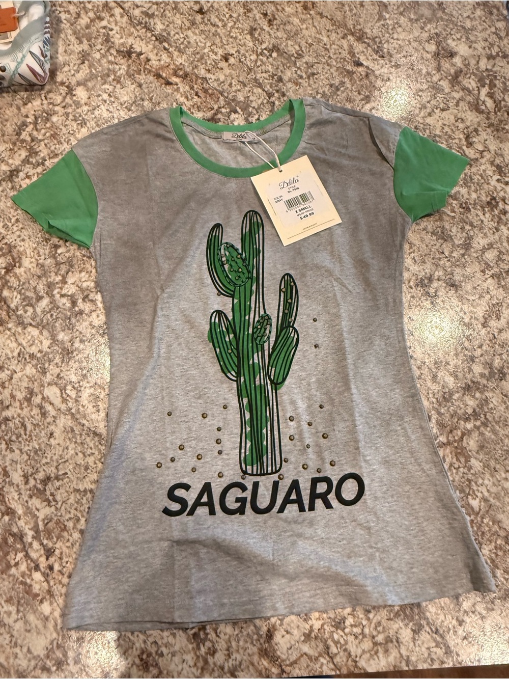 Delila Gray Tee with Green Cactus Graphic and Green Trim Accents
